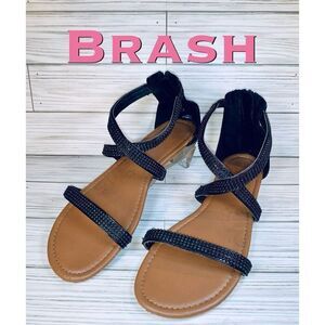 Brash Black Sparkly Rhinestone Crisscross Strap Flat Sandals S: 9.5